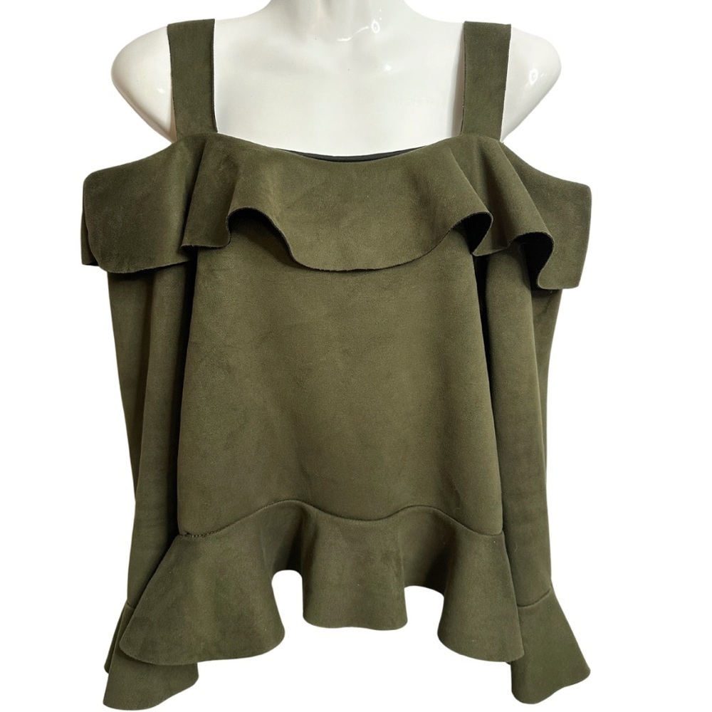 Pink Poem | Dark Green Ruffle Cold Shoulder Flutter Sleeve Top Large